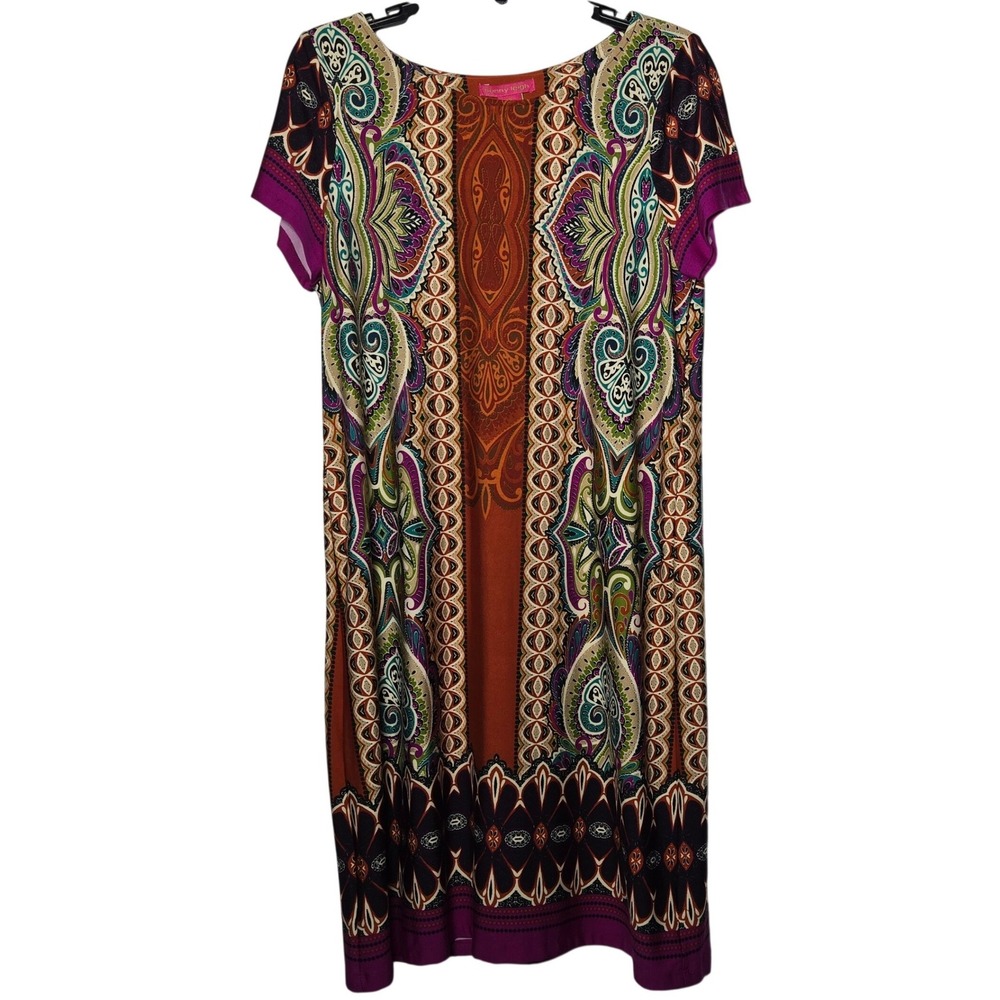 Sunny Leigh Paisley Short Sleeve Mini Shift Dress Medium Stretch Boho Mod Career